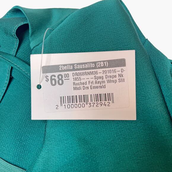 NWT 2BELLA "Sausalito" Satin Asymmetric Wrap Slit Midi Dress (Emerald | Size S) - Picture 8 of 9